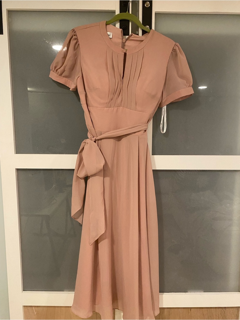 Midi Dress with Pleated Bodice and Waist Tie in Dusty Pink